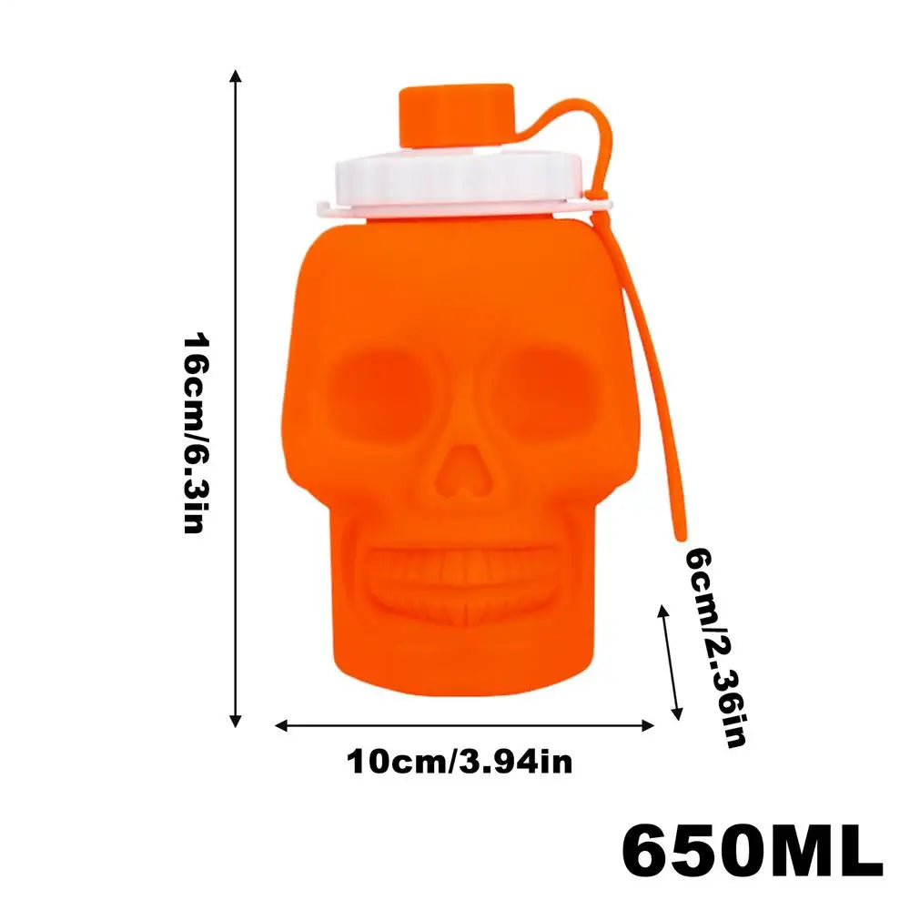 Orange skull design leakproof foldable sports water bottle with a white cap