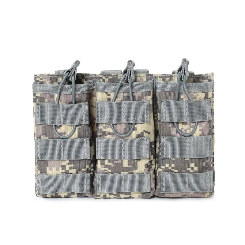 A set of tactical magazine pouches designed for plate carriers in a camouflage pattern.