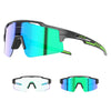 A pair of purple-tinted photochromic cycling sunglasses with black frames and green accents.