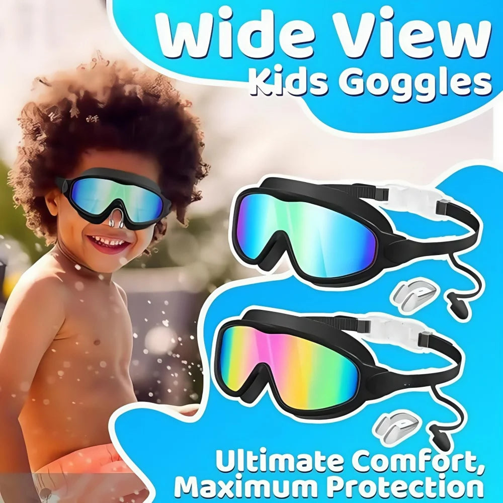 A child wearing wide view kids goggles with earplugs and a nose clip