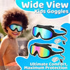 A child wearing wide view kids goggles with earplugs and a nose clip
