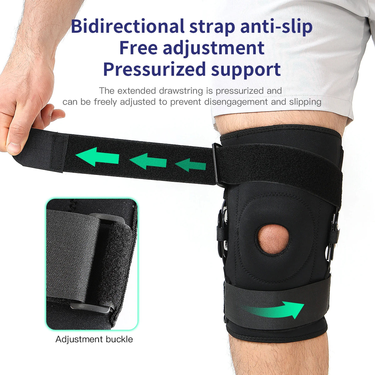 Black bidirectional strap anti-slip knee pad with free adjustment for pressurized support