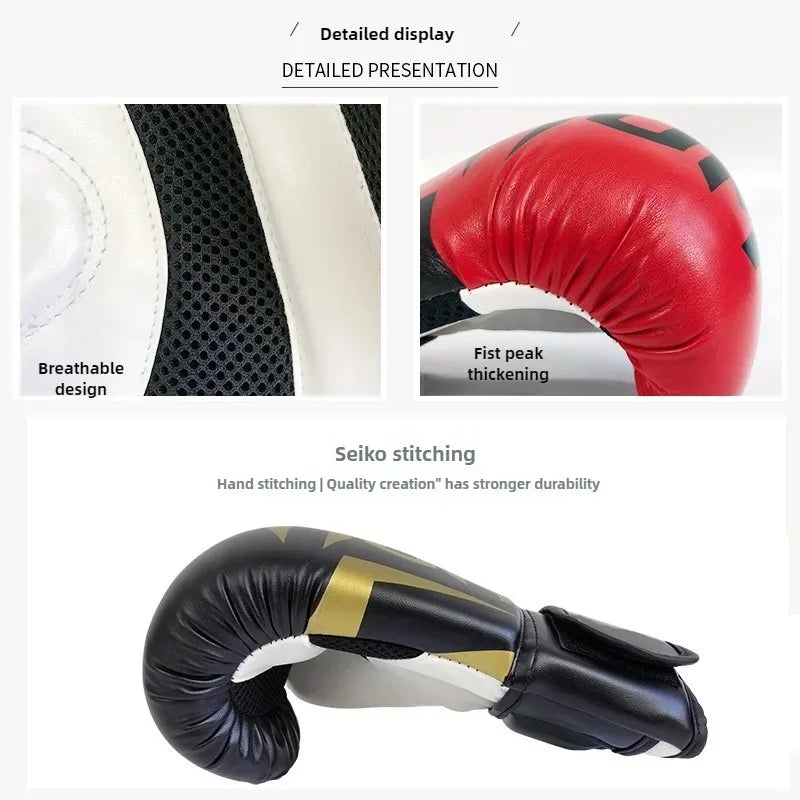 Close-up view of black and gold PU leather boxing gloves showing stitching and design details.
