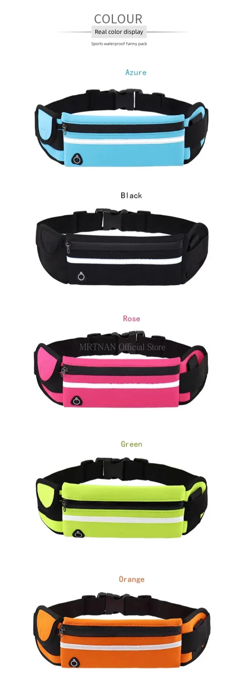 A collection of adjustable sport waist bags in various colors including azure, black, rose, green, and orange.