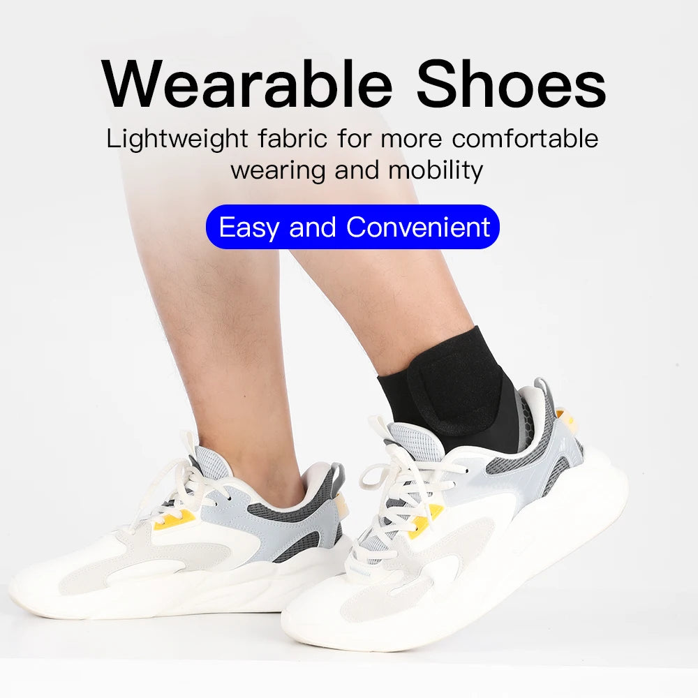 A person wearing lightweight, white and gray wearable shoes for comfortable walking.