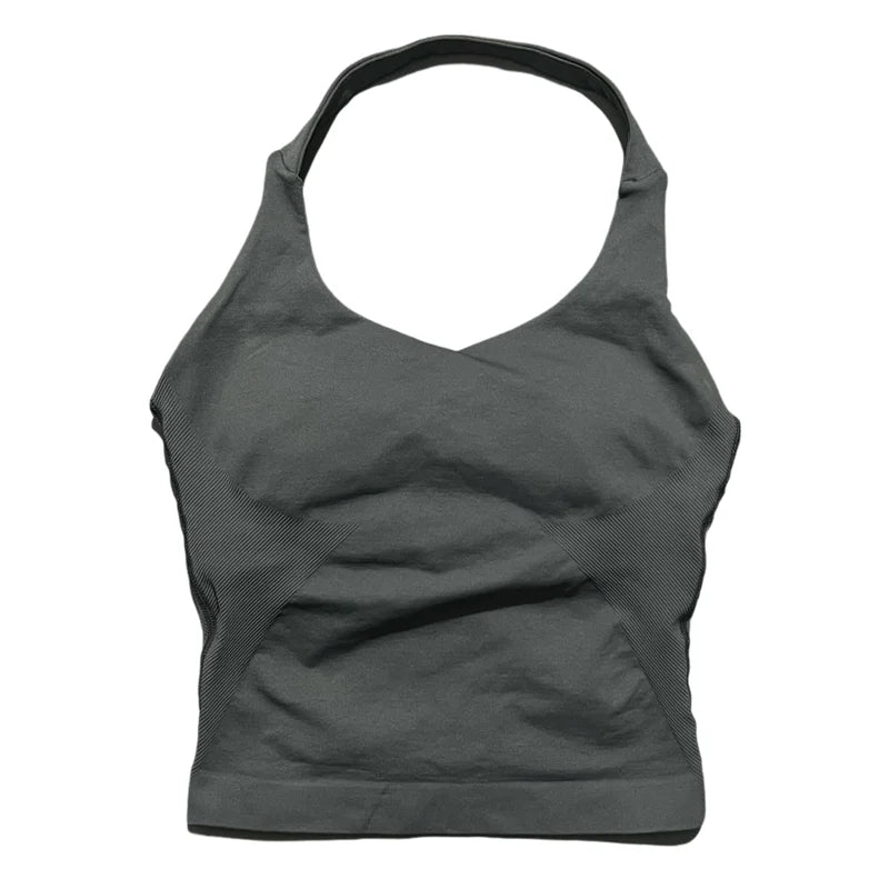 A dark gray seamless performance yoga and gym tank top shown from the front.