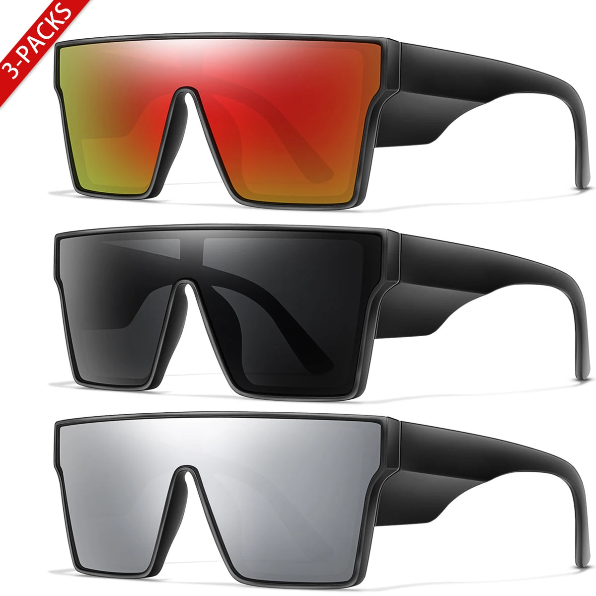 Tres pares de gafas de sol UV400 de gran marco en acabados naranja, negro y gris.