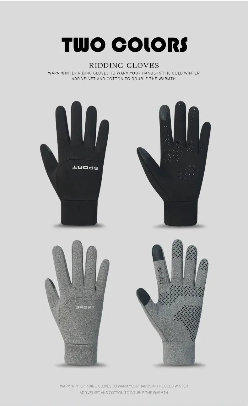A set of four riding gloves in black and gray colors shown against a light gray background.