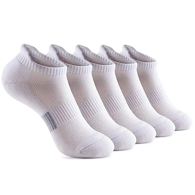 A pack of six white breathable women's sports socks laid out flat.