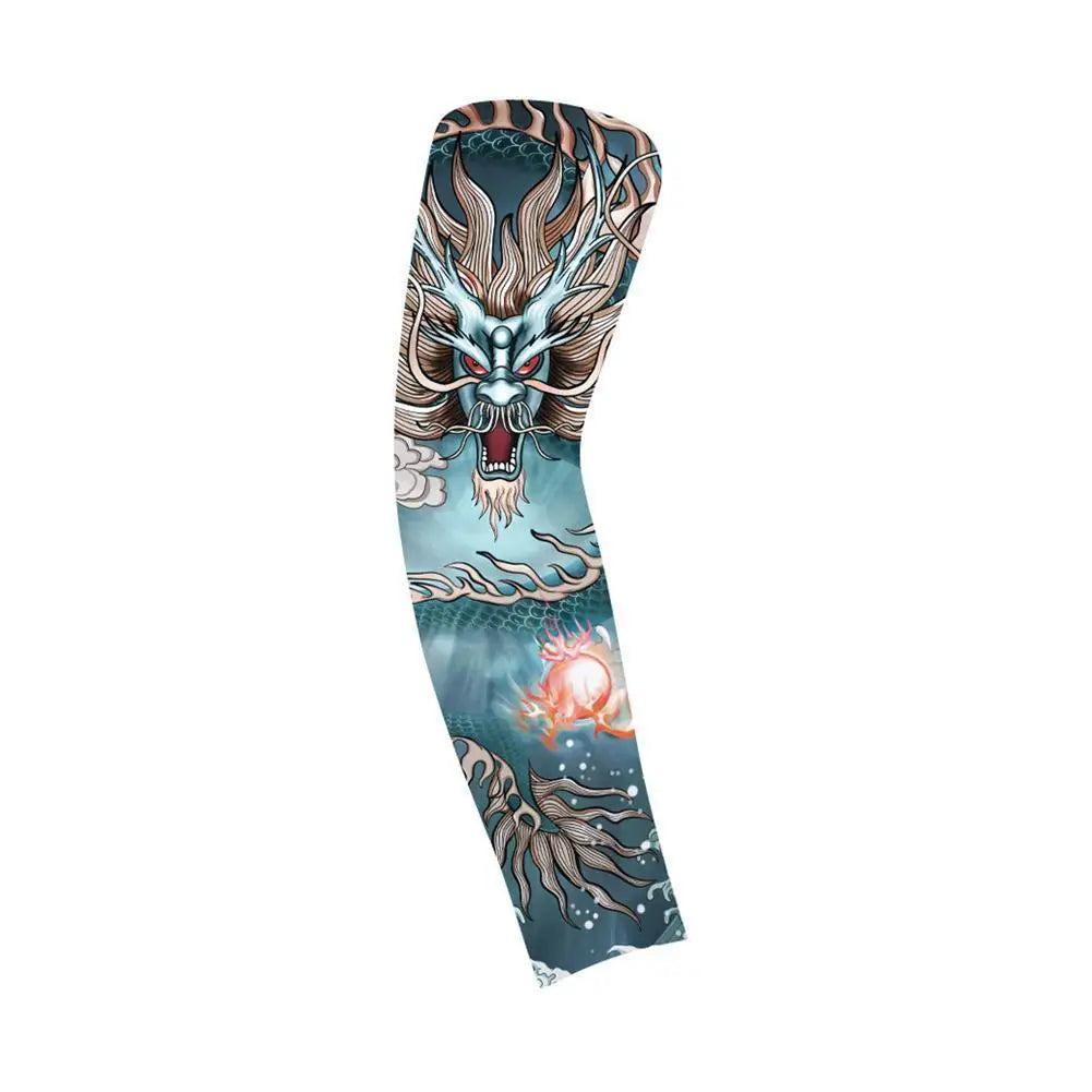 A design featuring a fierce dragon head in blue and gray tones on an ice silk sun protection arm sleeve.
