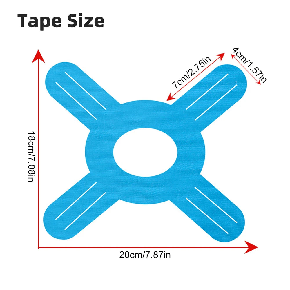 Diagrama que muestra el tamaño de una cinta de recuperación kinesiológica, midiendo 20cm por 18cm y con dimensiones específic