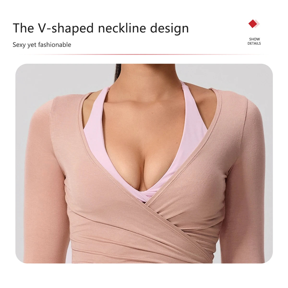 A model wearing a V-shaped neckline long sleeve top in a dusty rose color.