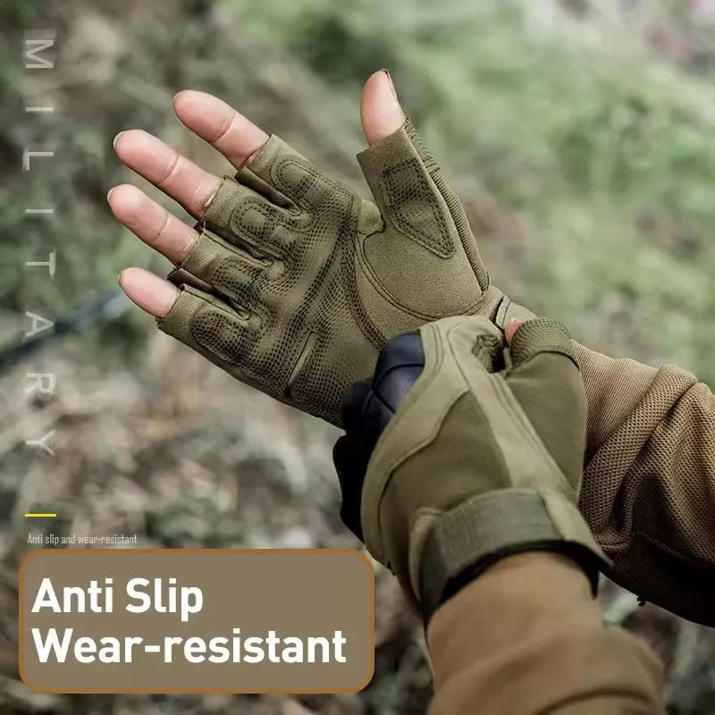 A hand wearing olive green anti slip and wear-resistant training gloves against a blurred natural background.