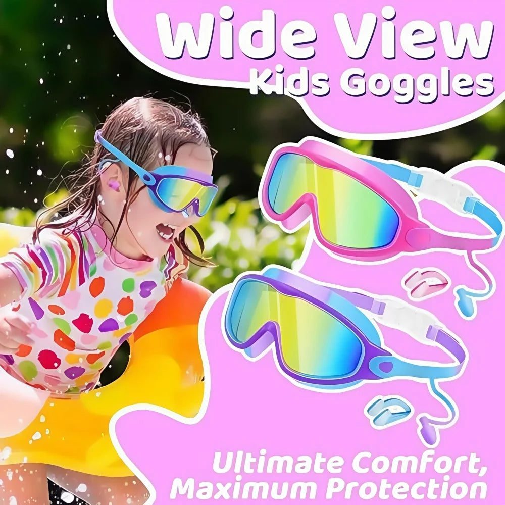 Pink and blue kids goggles are shown in use outdoors with a child wearing them.