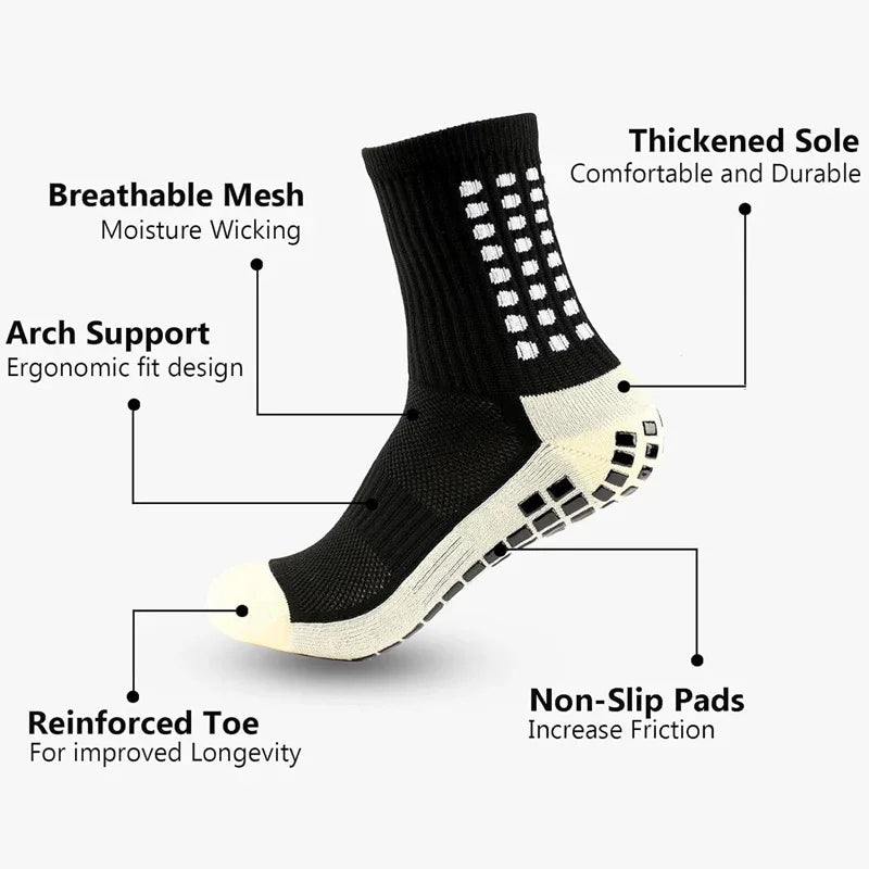 Schwarze und beige Sportsocke mit dicker Sohle, atmungsaktive Mesh-Füllung, Fußgewölbestütze und verstärkter Zehenbereich.