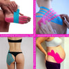 Various applications of Anampion Kinesiology Tape on skin and pregnant abdomen.