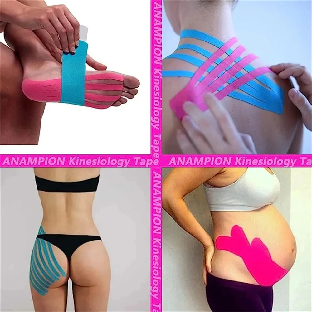Various applications of Anampion Kinesiology Tape on skin and pregnant abdomen.