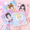 A collection of reusable cartoon princess face stickers featuring various styles and colors for kids