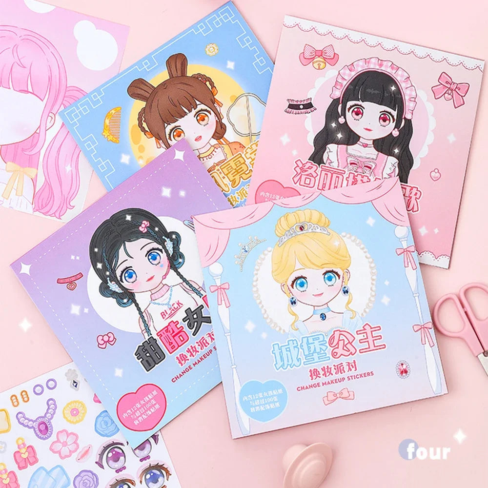 A collection of reusable cartoon princess face stickers featuring various styles and colors for kids