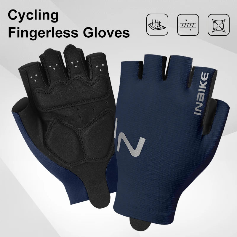 A pair of black and navy cycling fingerless gloves shown with icons indicating features.