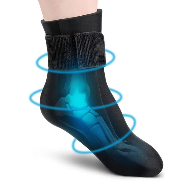 Schwarze wiederverwendbare Hitze- und Kälte-Therapiesocken mit blauem Licht zur Indikation von Schmerzpunkten am Knöchel