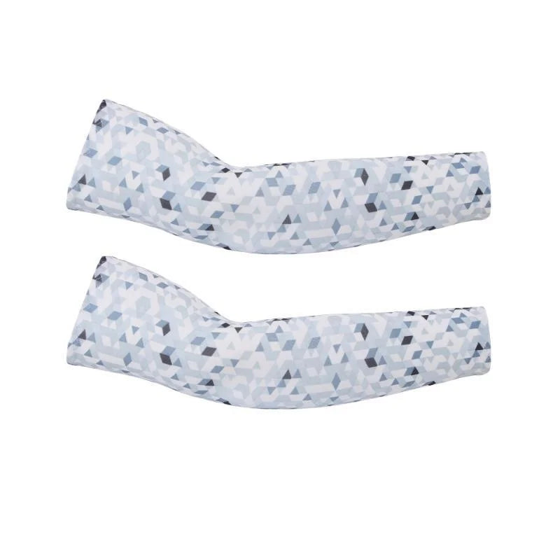A pair of light blue and gray patterned cooling arm sleeves for UV protection