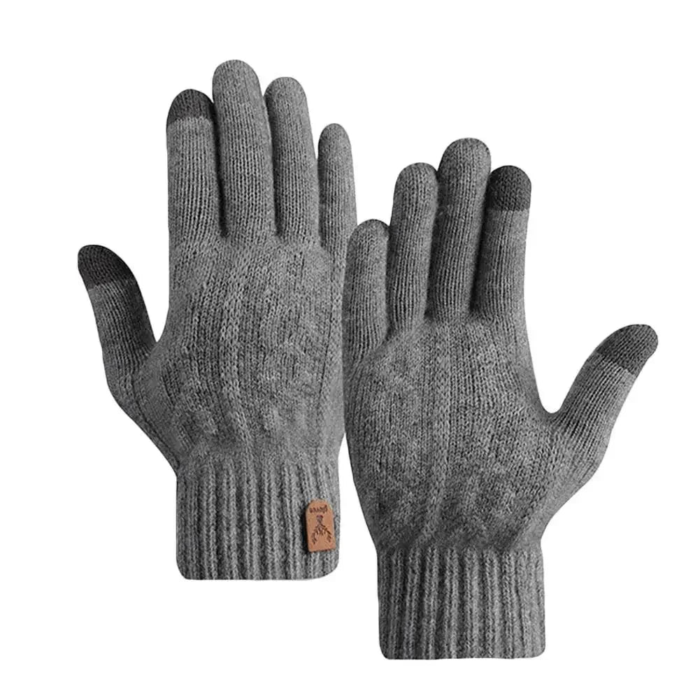A pair of gray knitted winter gloves shown flat against a white background.