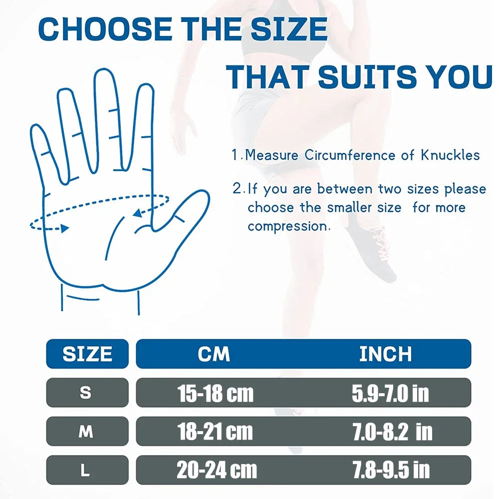 Diagram showing how to choose the correct size for a thumb joint stabilizer brace by measuring knuckle circumference.