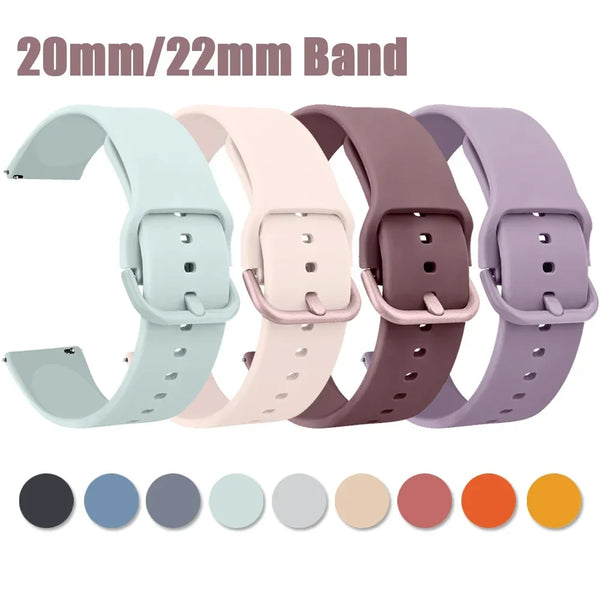 A set of five silicone watch straps in various pastel colors, including light blue, pink, mauve, and purple.