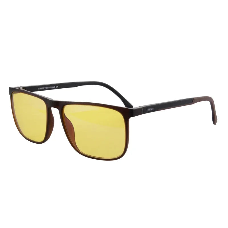 A pair of brown-framed blue light blocking glasses with yellow lenses.