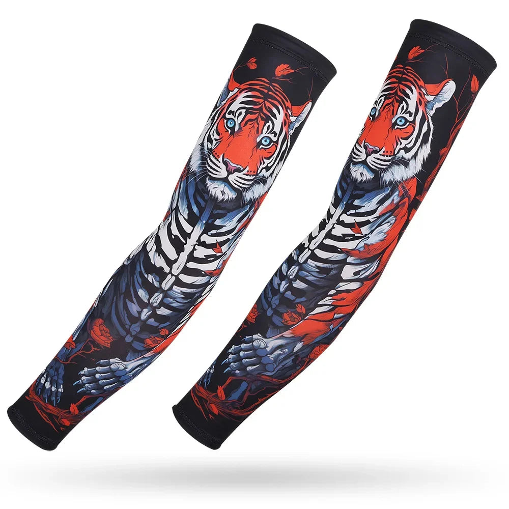 A pair of black arm sleeves featuring a detailed tiger print in orange, white, and black on a dark background.