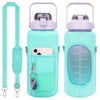A teal protective water bottle sleeve with a clear window and a secure phone holder is shown with its attached carrying strap