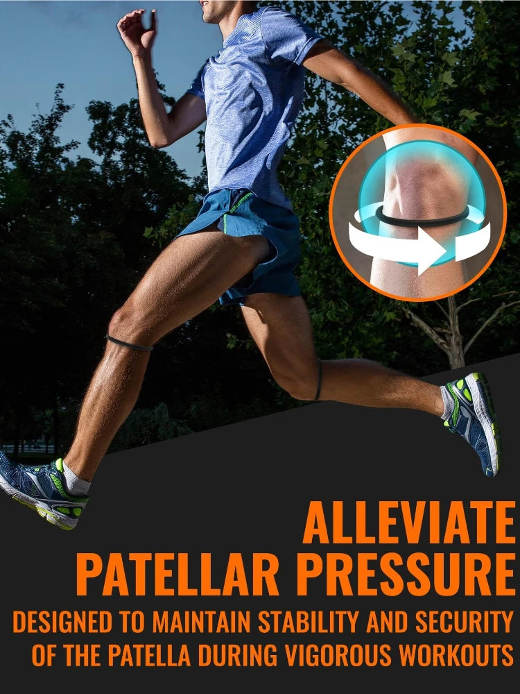 A person performing a workout is shown with an inset highlighting silicone knee patella straps designed to alleviate pressure