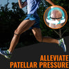 A person performing a workout is shown with an inset highlighting silicone knee patella straps designed to alleviate pressure