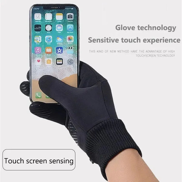 Black touchscreen gloves being used to operate a smartphone display