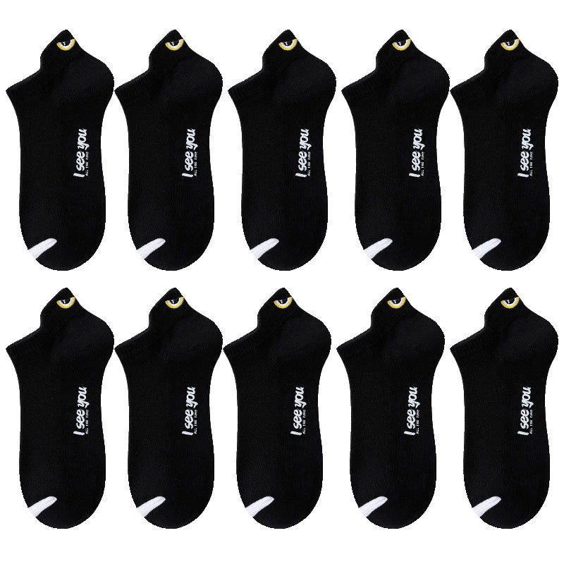 A set of black men's breathable ankle boat socks with 'I see you' text printed on them.