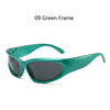 A pair of green frame sunglasses with dark lenses.