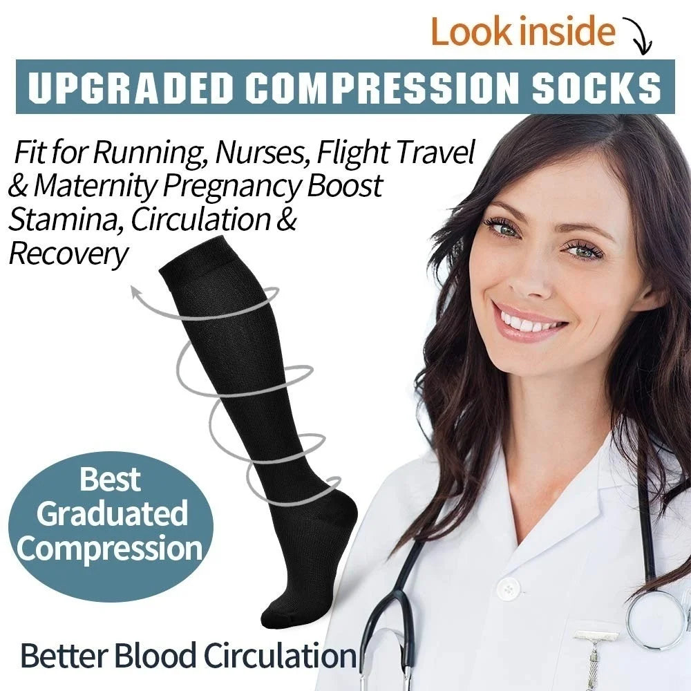 A woman wearing a white coat smiles while holding a black compression sock, promoting improved blood circulation.