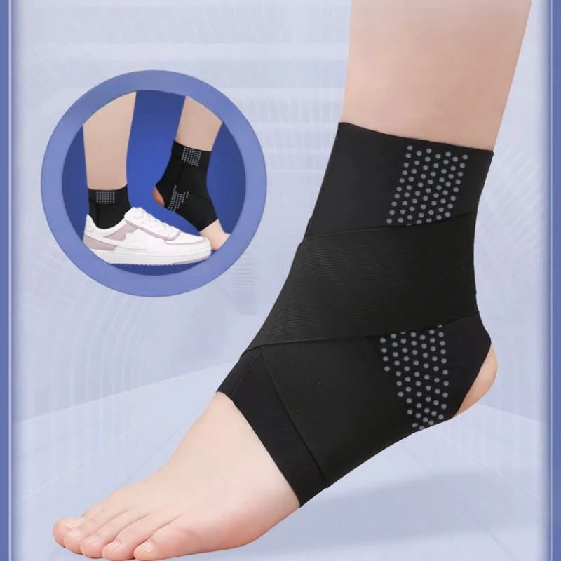 Black adjustable ankle support brace worn on a foot, showing the product and its application.