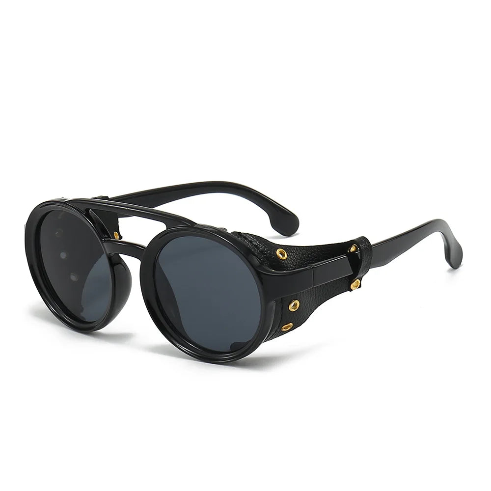 Black leather retro steampunk goggles sunglasses with gold accents