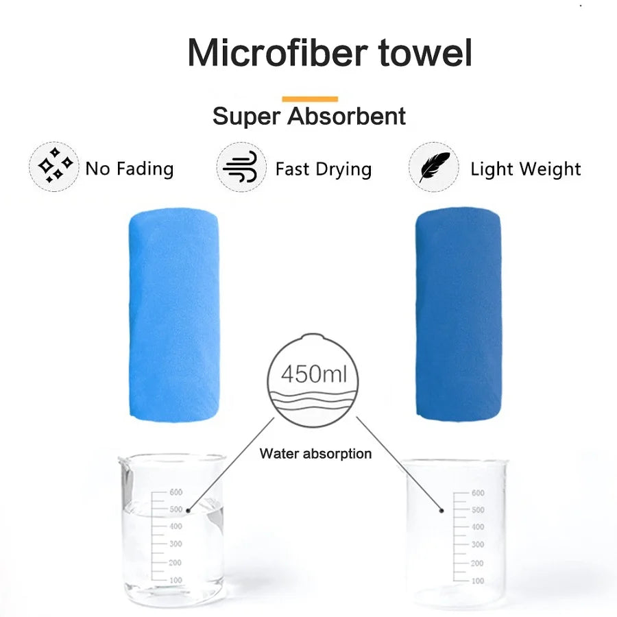 Blue microfiber towel demonstrating water absorption and features like no fading, fast drying, and light weight.