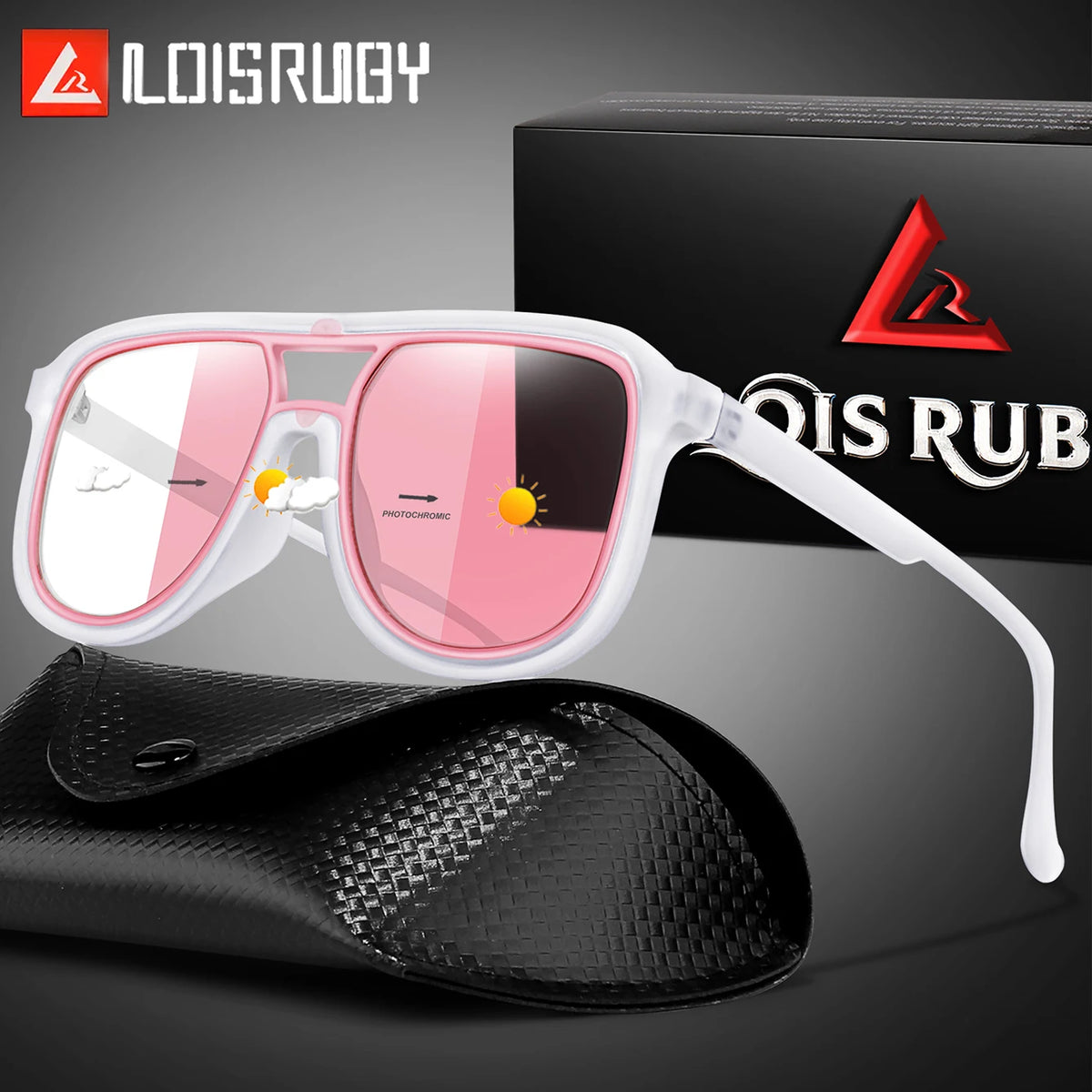 Un par de gafas de ciclismo rosadas fotoquímicas sobre un guante deportivo de cuero negro junto a su caja de empaque.