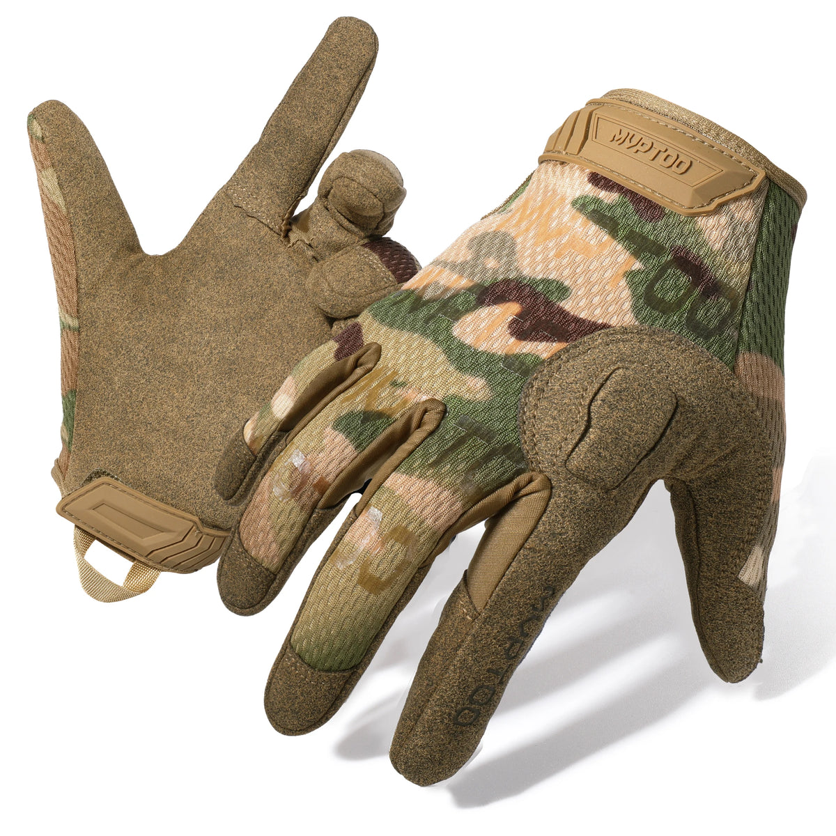 A pair of camouflage tactical gloves shown in a close-up view.