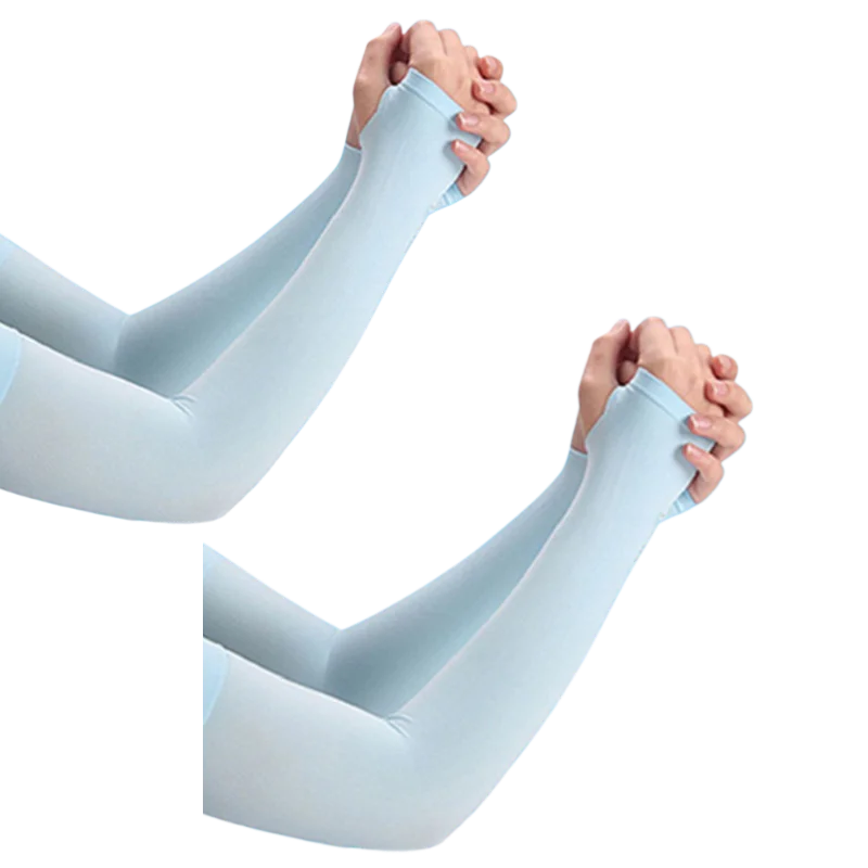 A pair of light blue ice silk arm sleeves being held together by their hands.