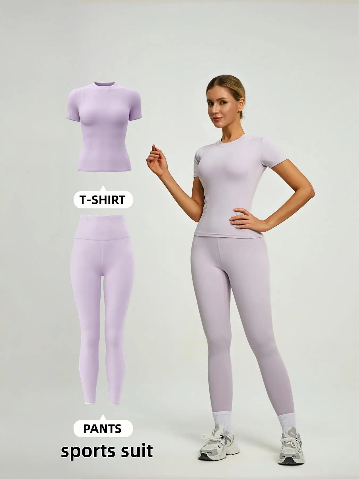 Model in a lilac sports suit with short-sleeved top and matching leggings.