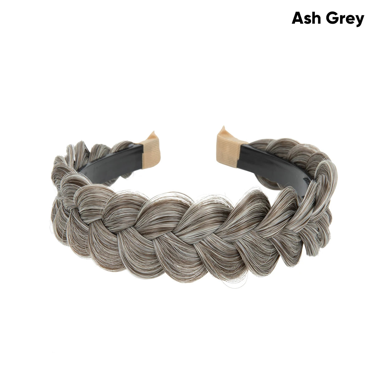 A silver ash grey braided hair accessory made of thin wire wrapped around a black band.