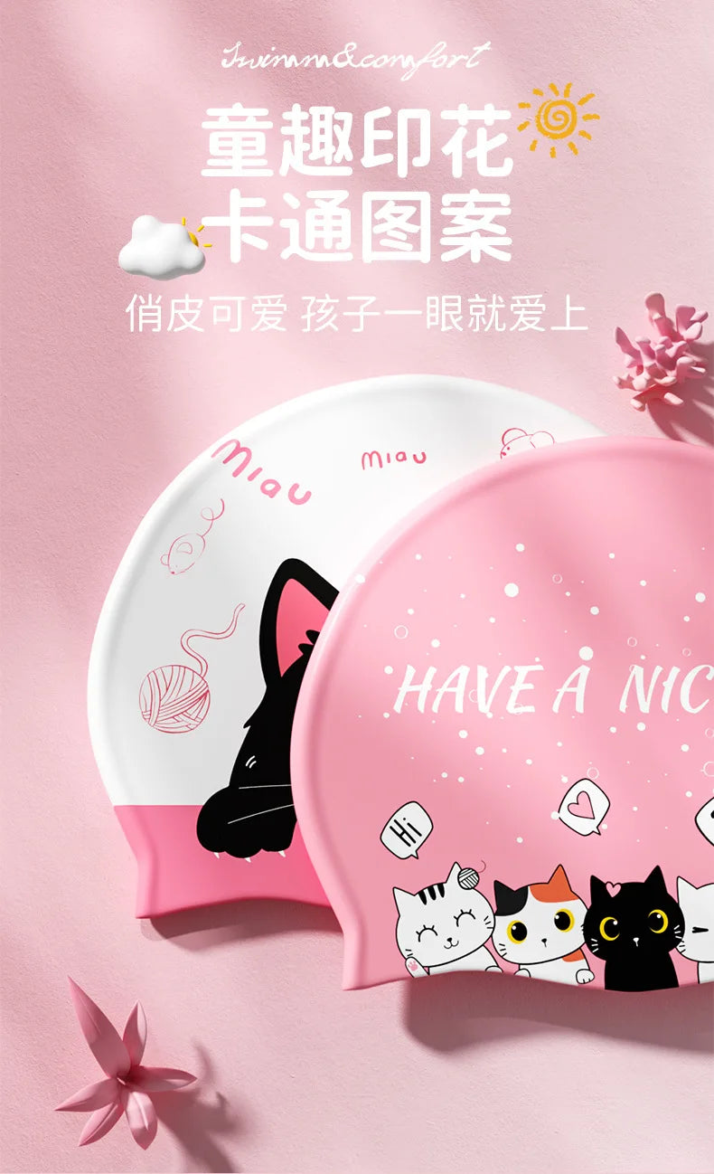 Bonnet de natation en carton rose à motifs de chat pour enfants avec un design ensoleillé