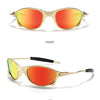 Front view of COL.7 sunglasses with gold metal frames and orange-tinted lenses at a 45 degree angle.