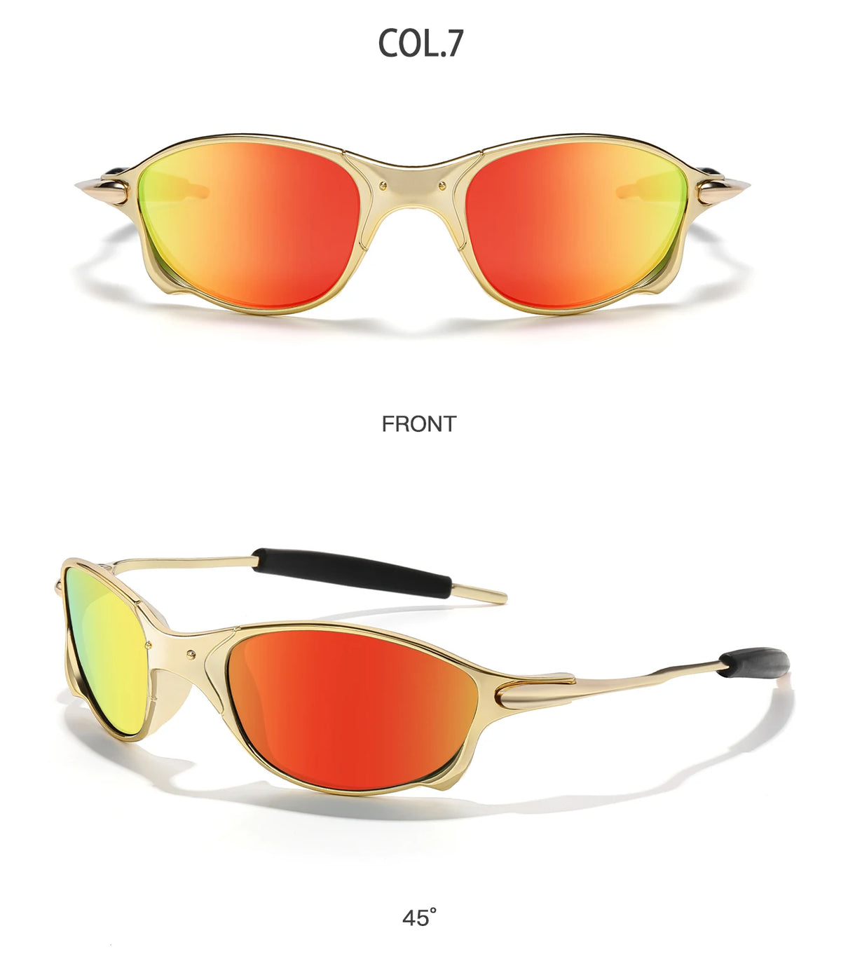 Front view of COL.7 sunglasses with gold metal frames and orange-tinted lenses at a 45 degree angle.