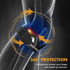 A black adjustable patellar tendon support knee strap is shown protecting the knee joint with a 360 degree circular graphic.